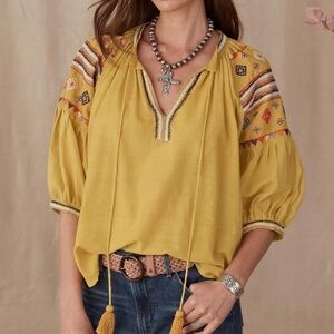 Sundance Alamwar Salma boho embroidered yellow Boho blouse India cotton M